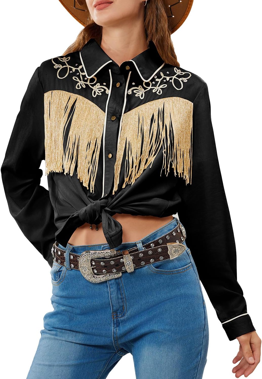 JOHN MOON Women's Fringe Western Button Down Shirts with Studs Floral Embroidered Cowgirl Tops Country Style Snap Blouses - Image 3