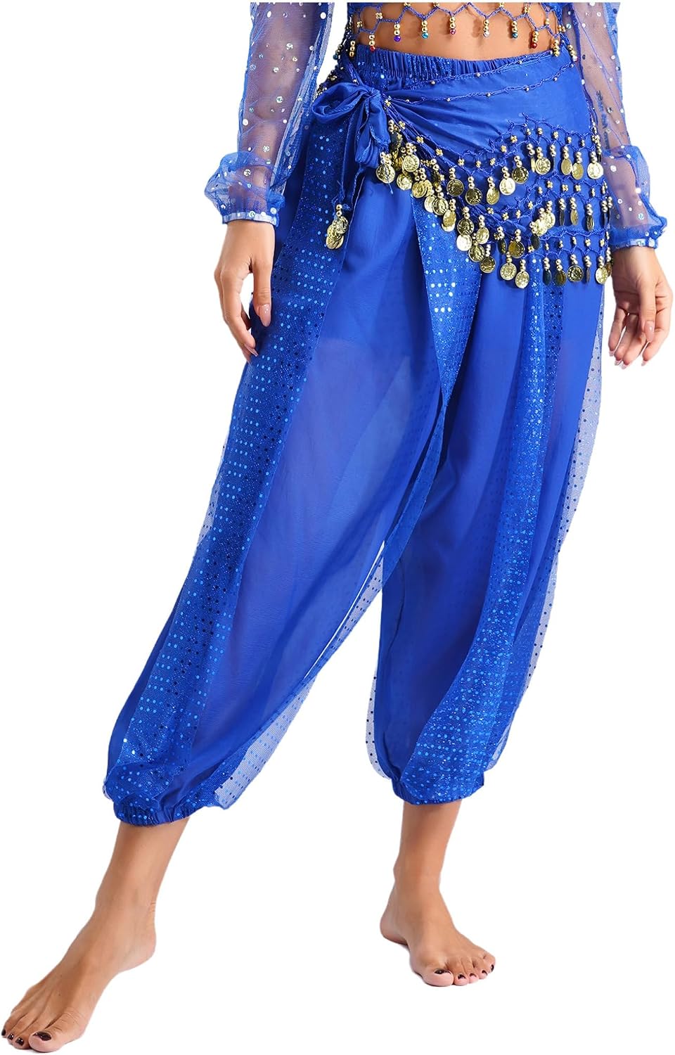 ACSUSS Women Belly Dance Pants Loose Belly Dancing Costume Halloween Bloomers Pants with Hip Scarf
