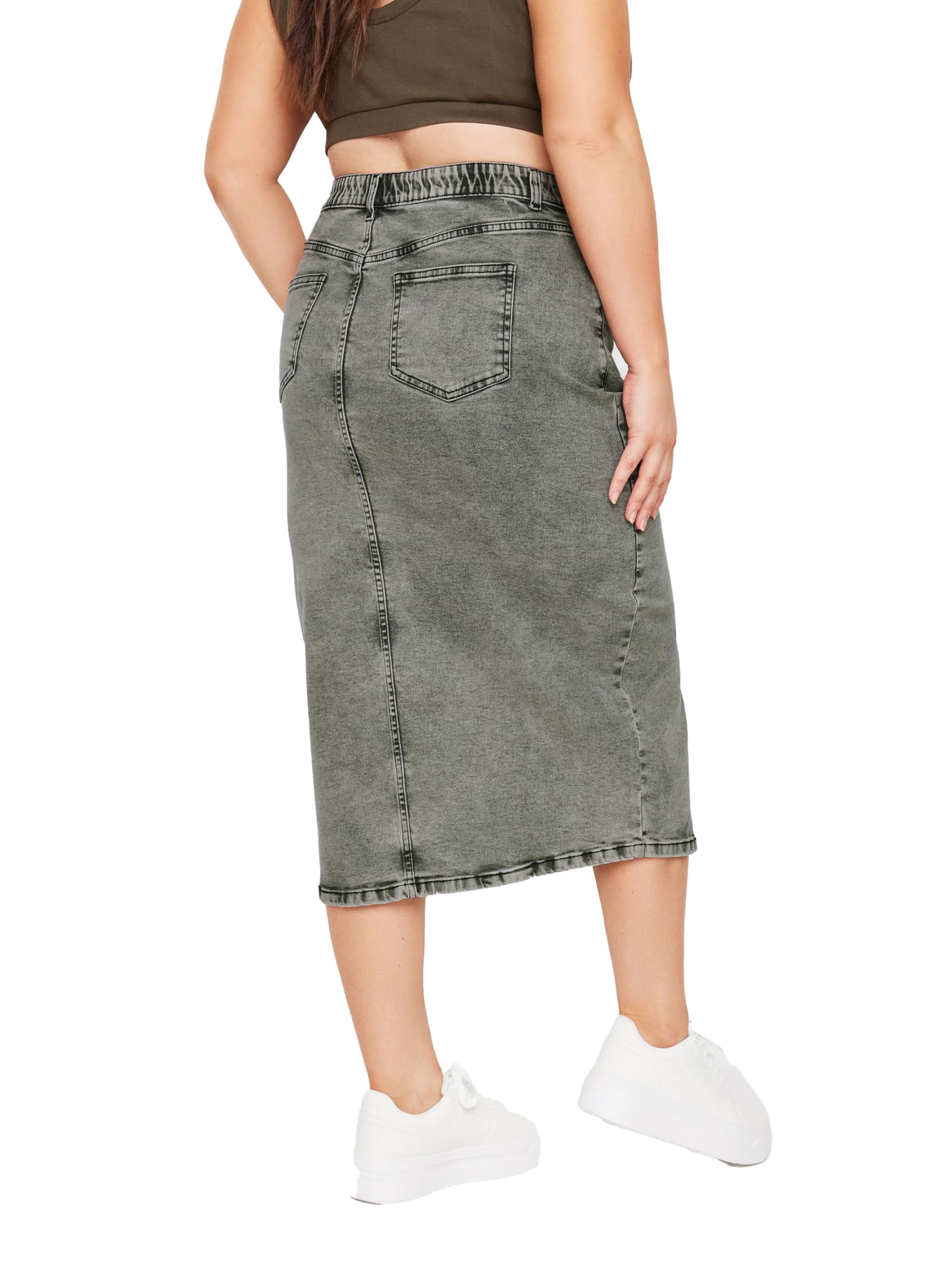 Yours Women's Grey Stretch Denim Midaxi Skirt In | : 26/28