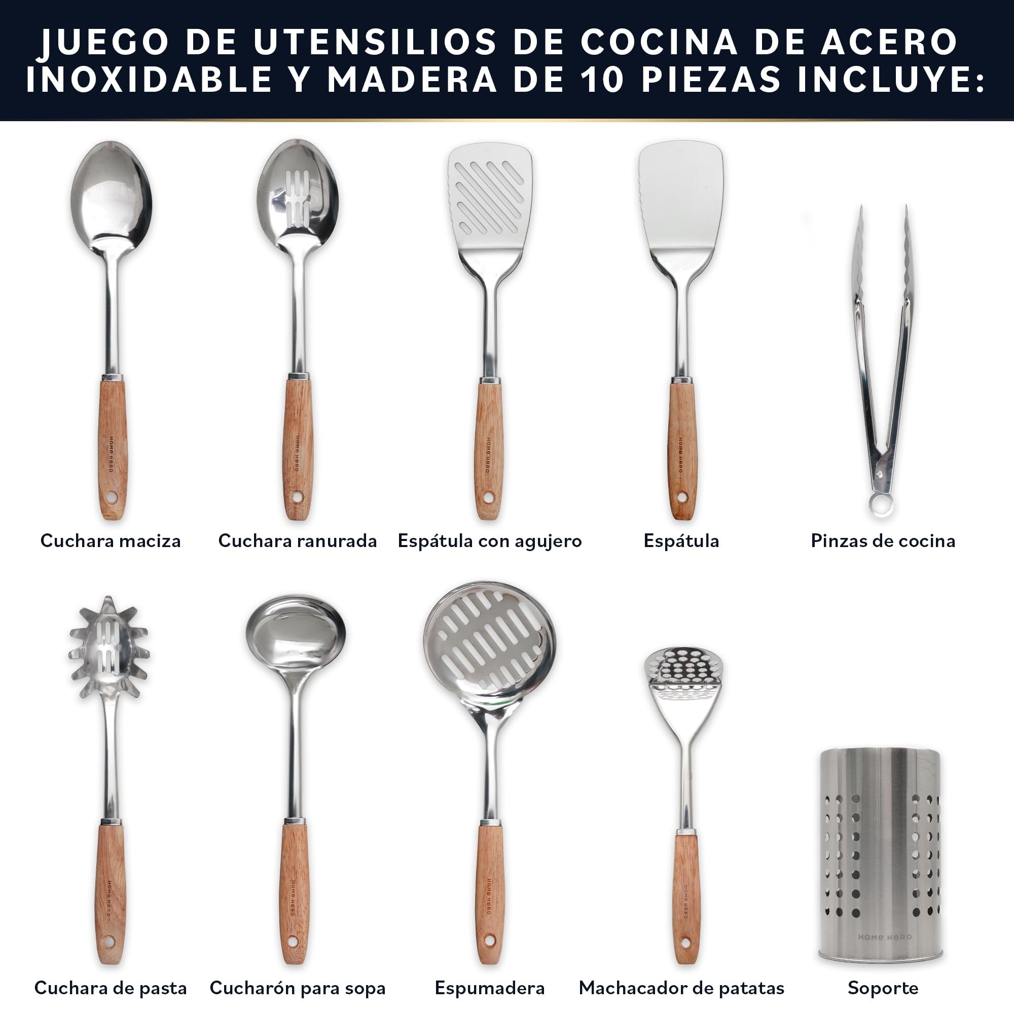 Home Hero Juego de utensilios de cocina de acero inoxidable Home Hero - Antiadherentes y duraderos - Utensilios y gadgets de cocina metálicos resistentes al calor (10 piezas - Madera y Plata)