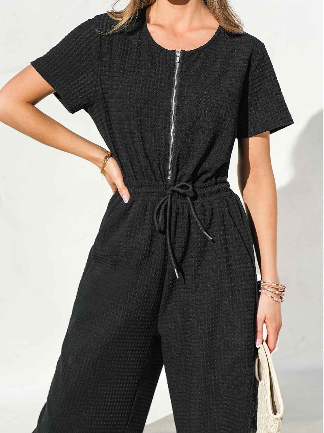 CUPSHE Women's One Piece Jumpsuits Dressy Zip Up Casual Short Sleeve Rompers Loose Wide Leg Pants Overalls Vacation Outfits - Image 5