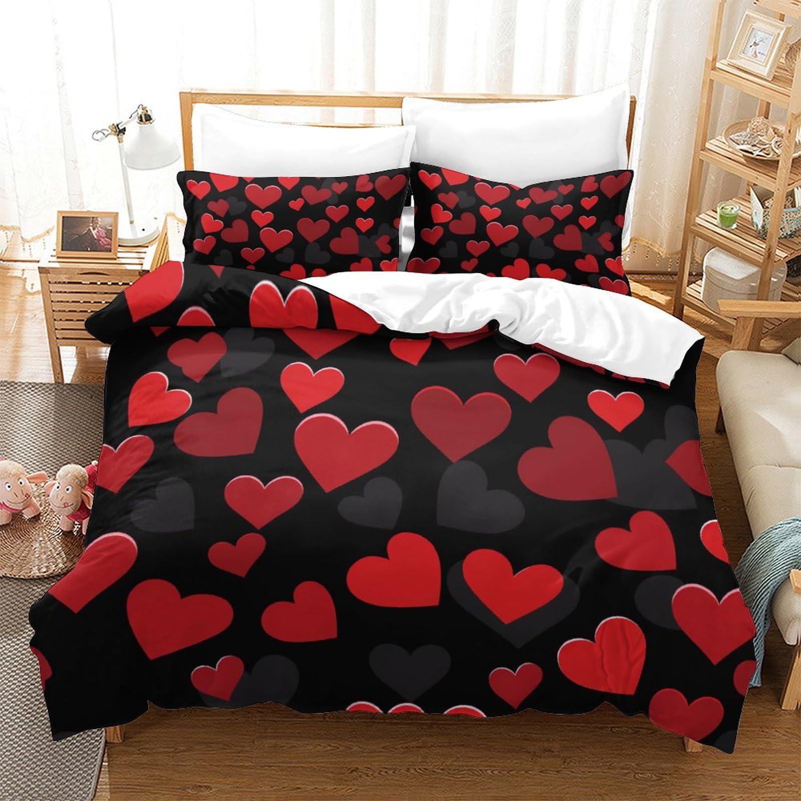 Housse de couette 260x220cm et 2 taies d'oreiller, linge de lit microfibre 3D Amour