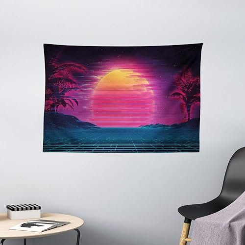 Miniatura 2 de Ambesonne Synthwave Tapestry, Retro Futurism Inspired Illustration Artwork with Sun and Palms, Wide Wall Hanging for Bedroom Living Room Dorm, 60" X