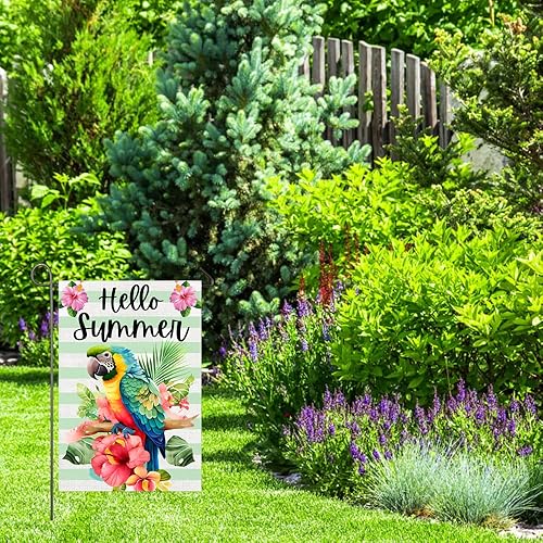 Miniatura 3 de Bandera de jardín de verano con loro de 12 x 18 pulgadas, bandera de doble cara con texto en inglés "Guacamayo Says Hello Summer", bandera de patio