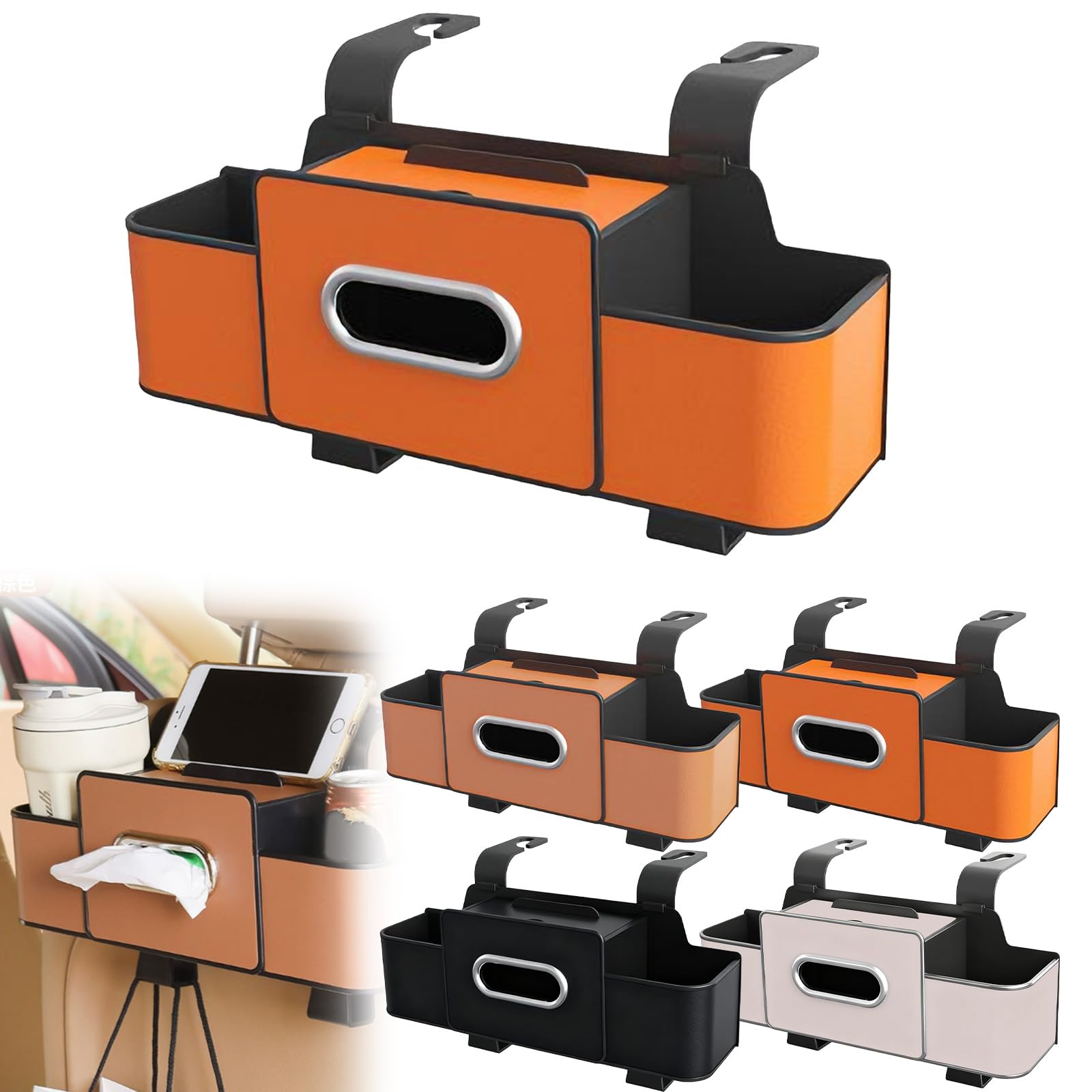 Tudegy Car Seat Cup Holder with Hooks,Car Seat Back Organizer,Leather Tissue Box, Adjustable Multifunctional Car Organizer Hanging Storage Box,for Travel And Road Trips (Orange)