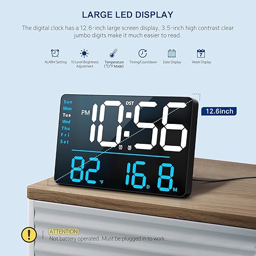 Miniatura 2 de Reloj de pared digital, reloj LED con control remoto, reloj digital con pantalla grande con fecha, semana, temperatura para decoración de sala de