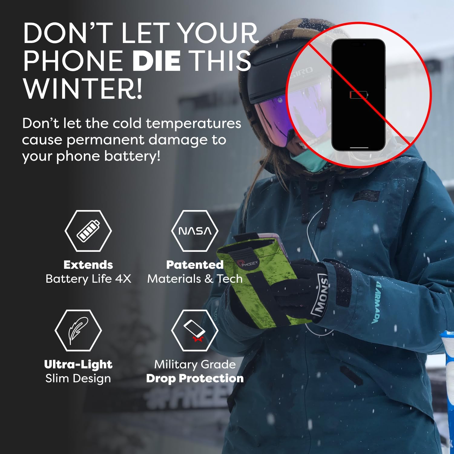 PHOOZY XP3 Thermal Phone Case with Patented Chromium Barrier - Insulated Pouch Extends Battery Life 4X in Cold Weather - Military-Grade Protection for Skiers and Snowboarders - Large Green