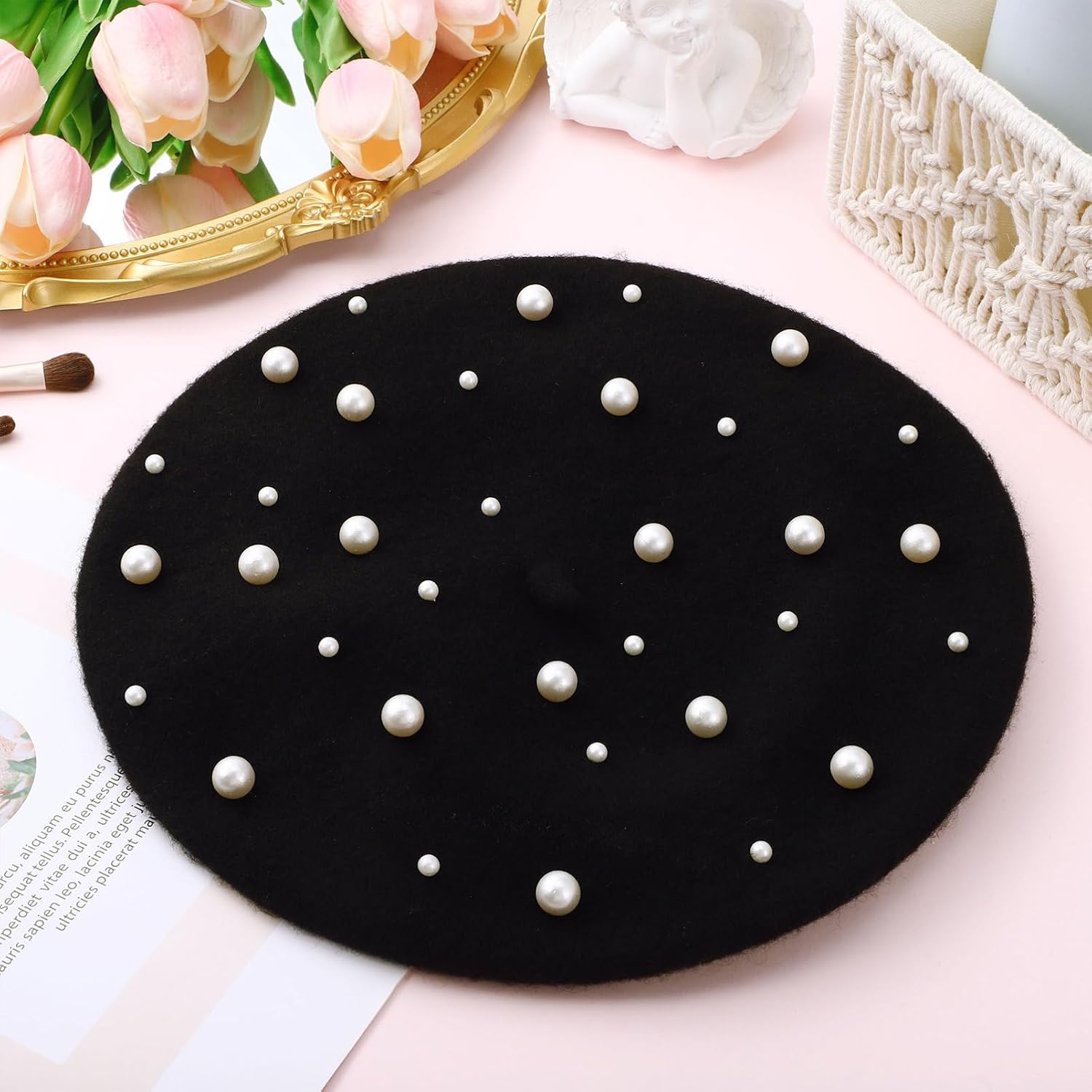 VALICLUD Pearl Rhinestone Winter Wool French Beret Hat Artist Beanie Cap for Women