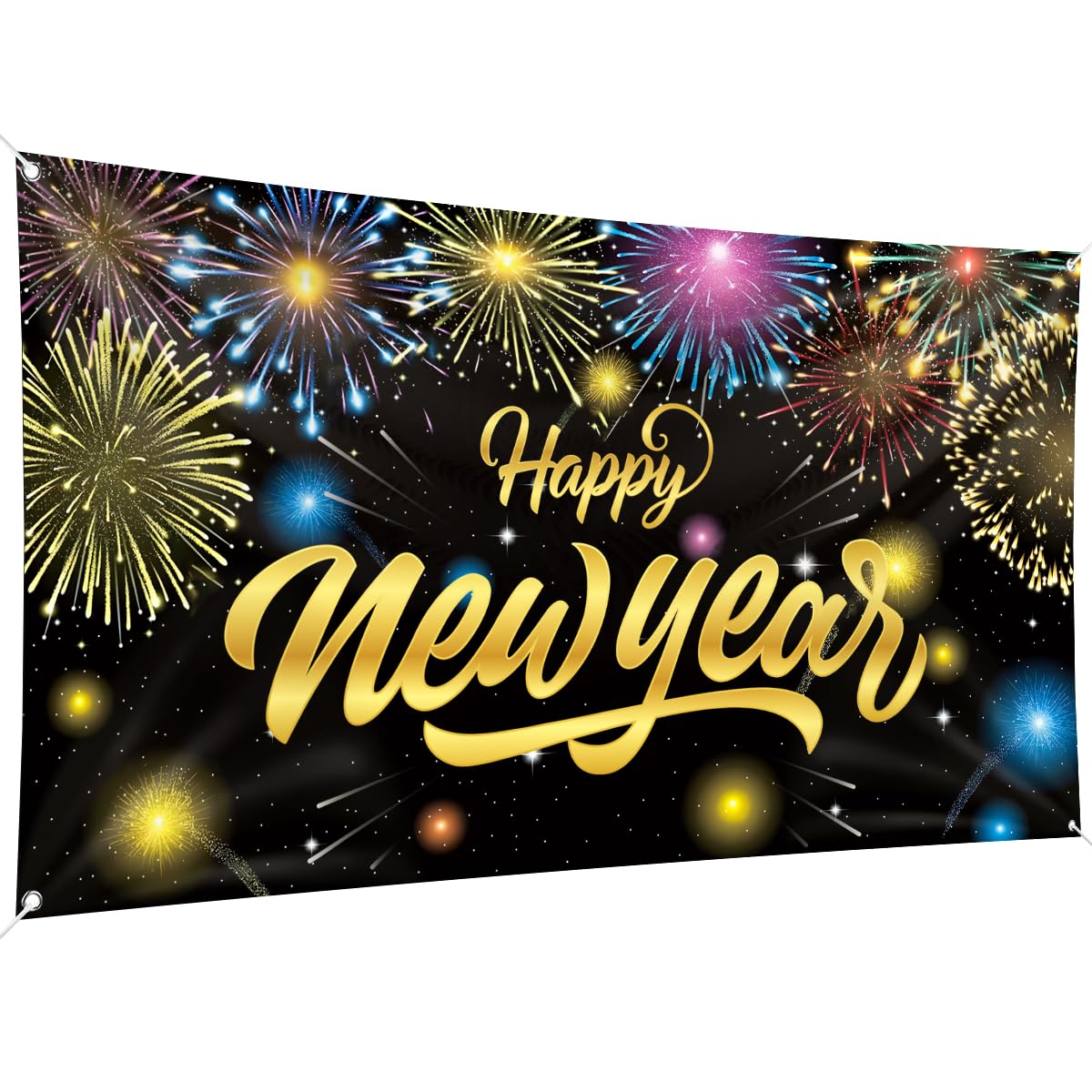 Banner Capodanno 2022 XXL 300x50 Cm – Striscione Nero E Oro Con Scritta Happy New Year – Decorazione Per Festa Interna Ed Esterna – Riutilizzabile In Tessuto