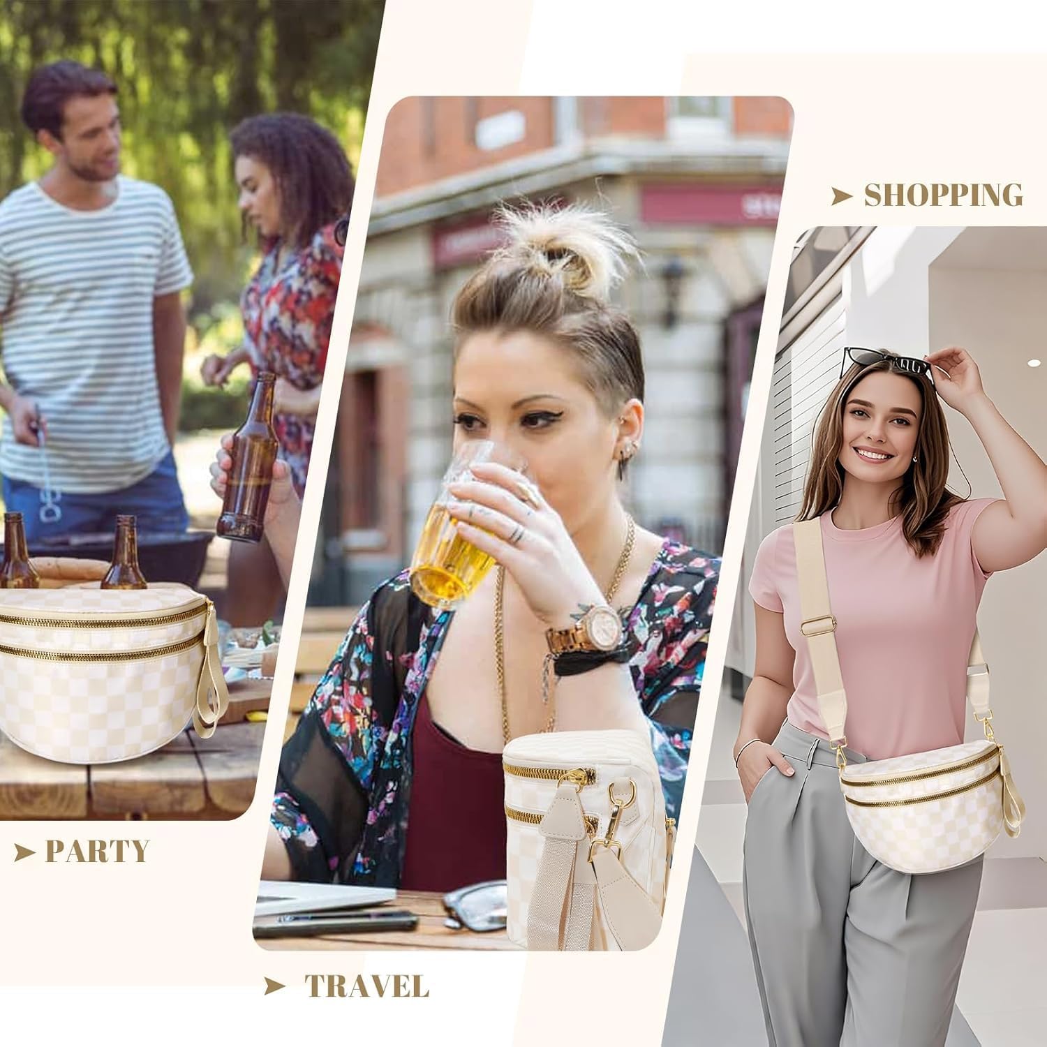 Checkered Crossbody Bag for Women - Nylon Bum Bag, Women's Crossbody Purse, Handbags, Sling Fanny Pack (Beige Checkered) - Image 8