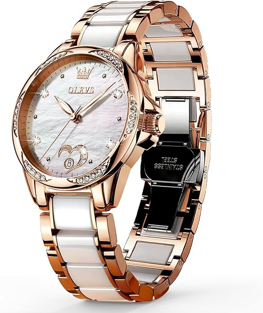 OLEVS Women's Automatic Watch, Rose Gold Ceramic Strap Ladies Dress Watch, Self Winding Waterproof Women Diamond Watch, Luminous Date Ladies Analog Watch