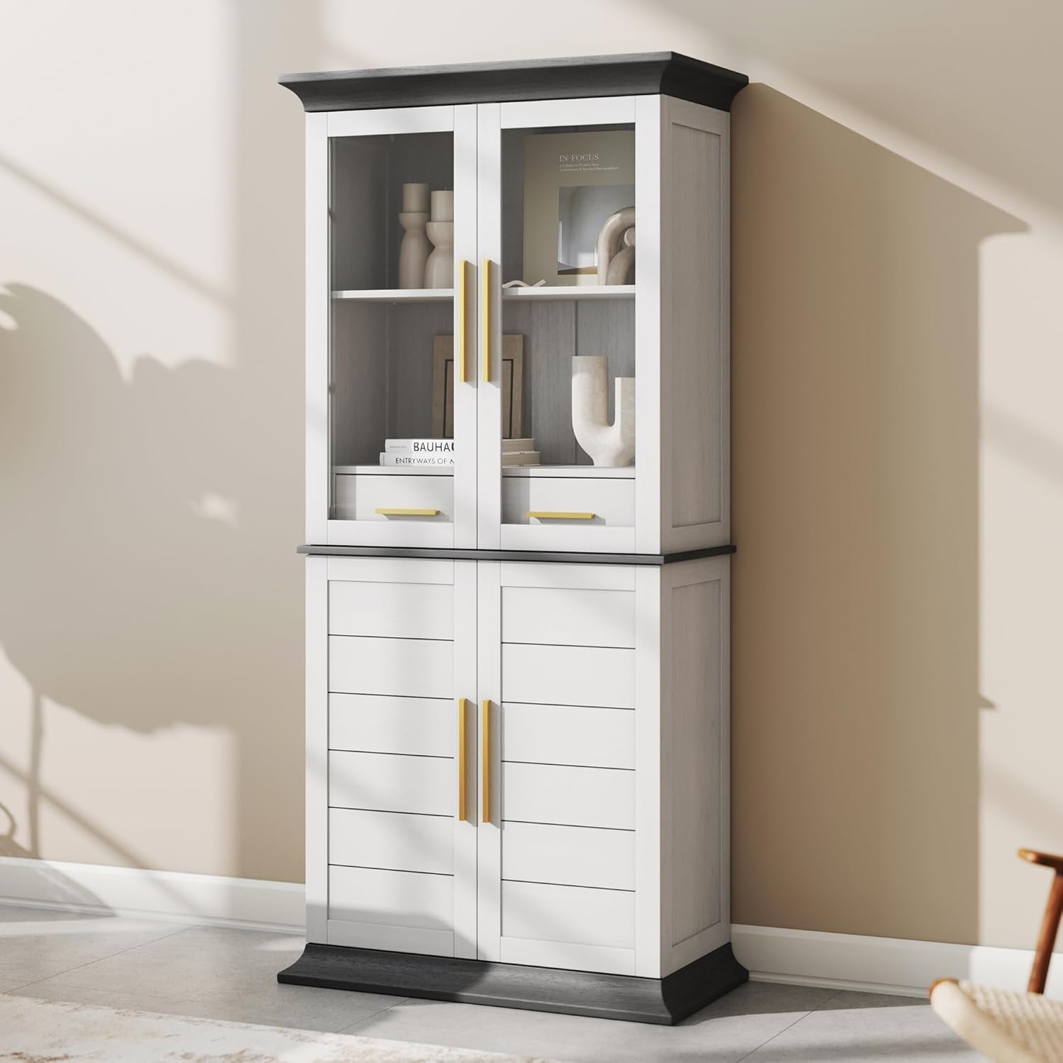 BELLEZE 72" Tall Glass Display Cabinet, Freestanding Curio Cabinet with Glass Doors, Large Display Cabinet with 2 Built-in Drawers for Kitchen, Dining & Living Room - White