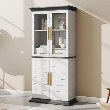 BELLEZE 72" Tall Glass Display Cabinet, Freestanding Curio Cabinet with Glass Doors, Large Display Cabinet with 2 Built-in Drawers for Kitchen, Dining & Living Room - White