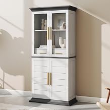 BELLEZE 72" Tall Glass Display Cabinet, Freestanding Curio Cabinet with Glass Doors, Large Display Cabinet with 2 Built-in Drawers for Kitchen, Dining & Living Room - White