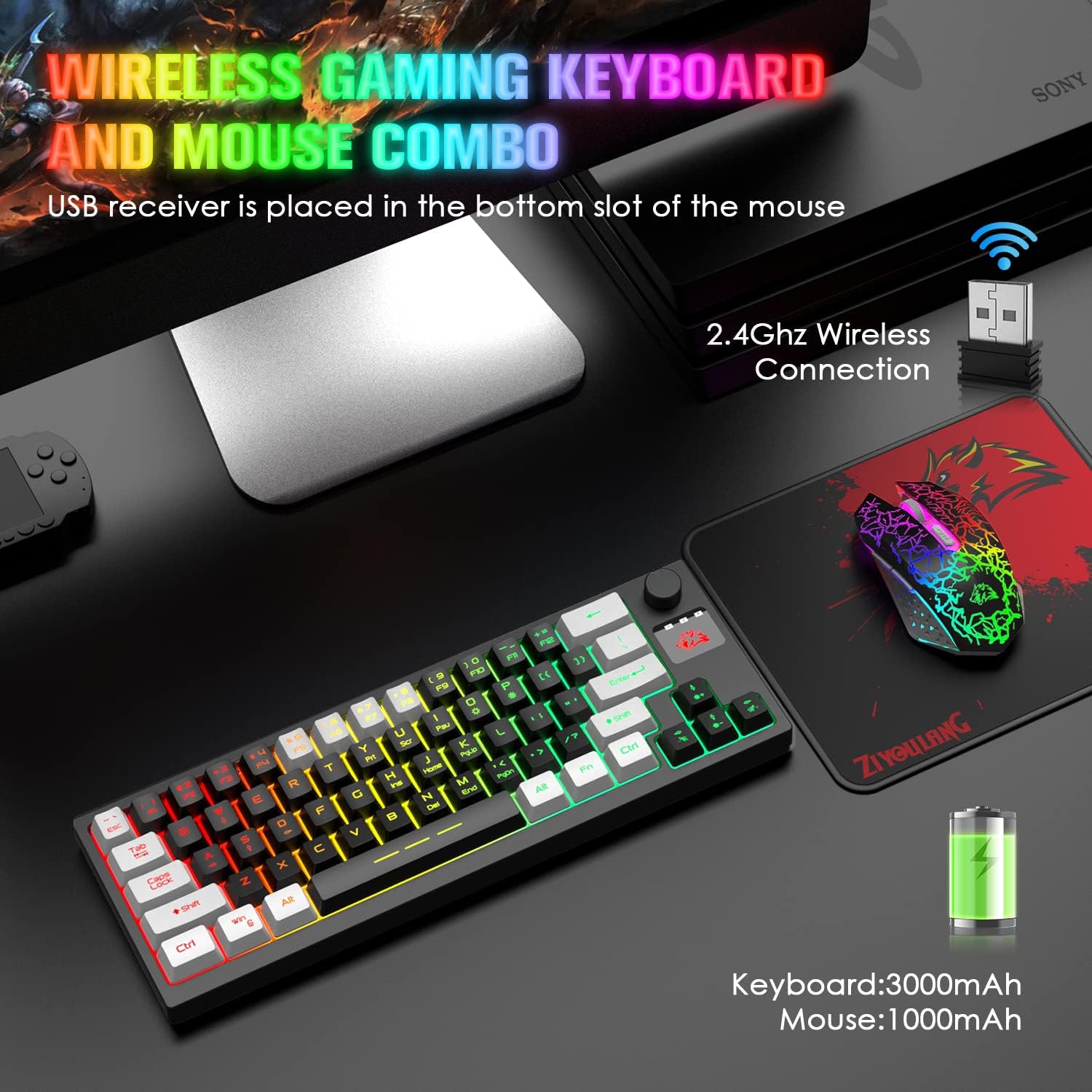 FELICON Small Double Color Keyboard and Mouse Combo, Rechargeable RGB Backlit 64 Key TKL Mechanical Keyboard and Crack Backlight Mouse, Mouse Pad for PC, MAC, Gamer