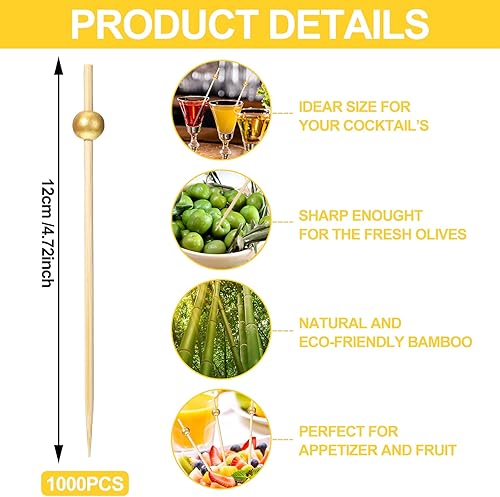 Miniatura 2 de 1000 palillos de cóctel de perlas doradas, aperitivos, brochetas de cóctel de bambú, reutilizables, accesorios de charcutería, fiestas, postres y