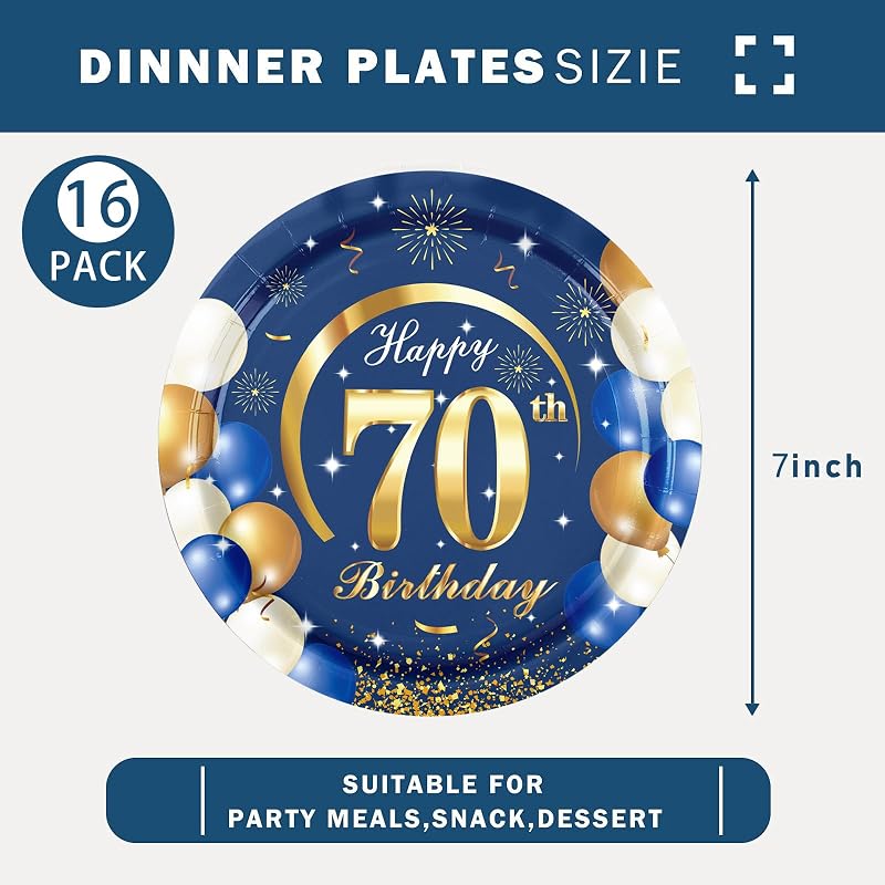 MORAINJAY Kék-Arany Papírtányér Szett 70. Születésnapra - 16 db Kerek Tányér Férfiaknak és Nőknek, 18 cm-es Egyszer Használatos Party Kellék
