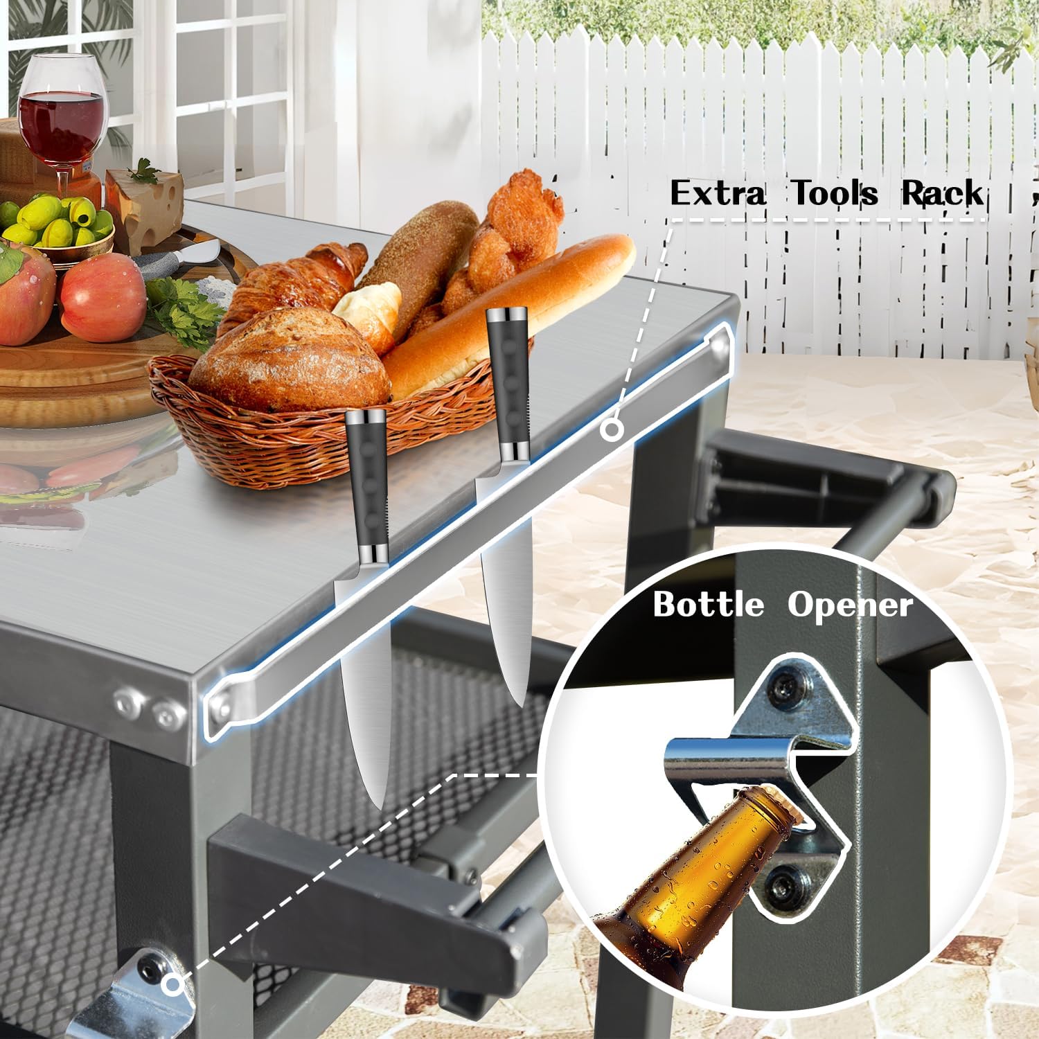 Domi 3-Tier Outdoor BBQ Grill Cart with Lockable Wheels | Portable Pizza Oven Stand & Food Prep Station | with Stainless Steel Tabletop & Propane Tanks | All-Weather Patio Cooking Center