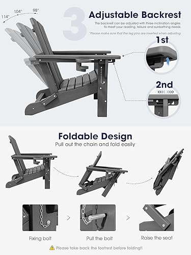 Miniatura 4 de KINGYES Silla Adirondack plegable ajustable con otomana retráctil, resistente a la intemperie de HDPE, silla de exterior de gran tamaño con soporte