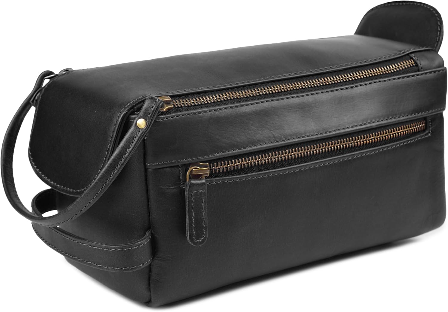 Full Grain Leather Toiletry Kit for Men & Women – Travel Toiletries & Shaving Bag Organizer, Water-Resistant Grooming Case for Bathroom, Makeup & Cosmetic Storage - Midnight Black