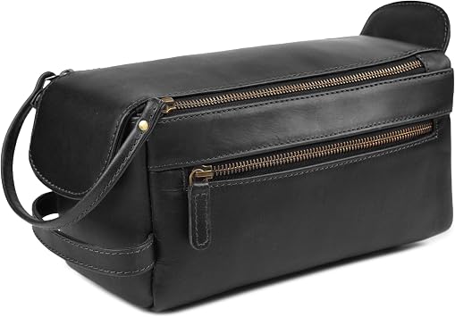 Genuine Leather Travel Toiletry Bag for Men & Women   Unisex Water-Resistant Travel Dopp Kit, Shaving Organizer & Compact Bathroom Essentials- Midnight Black