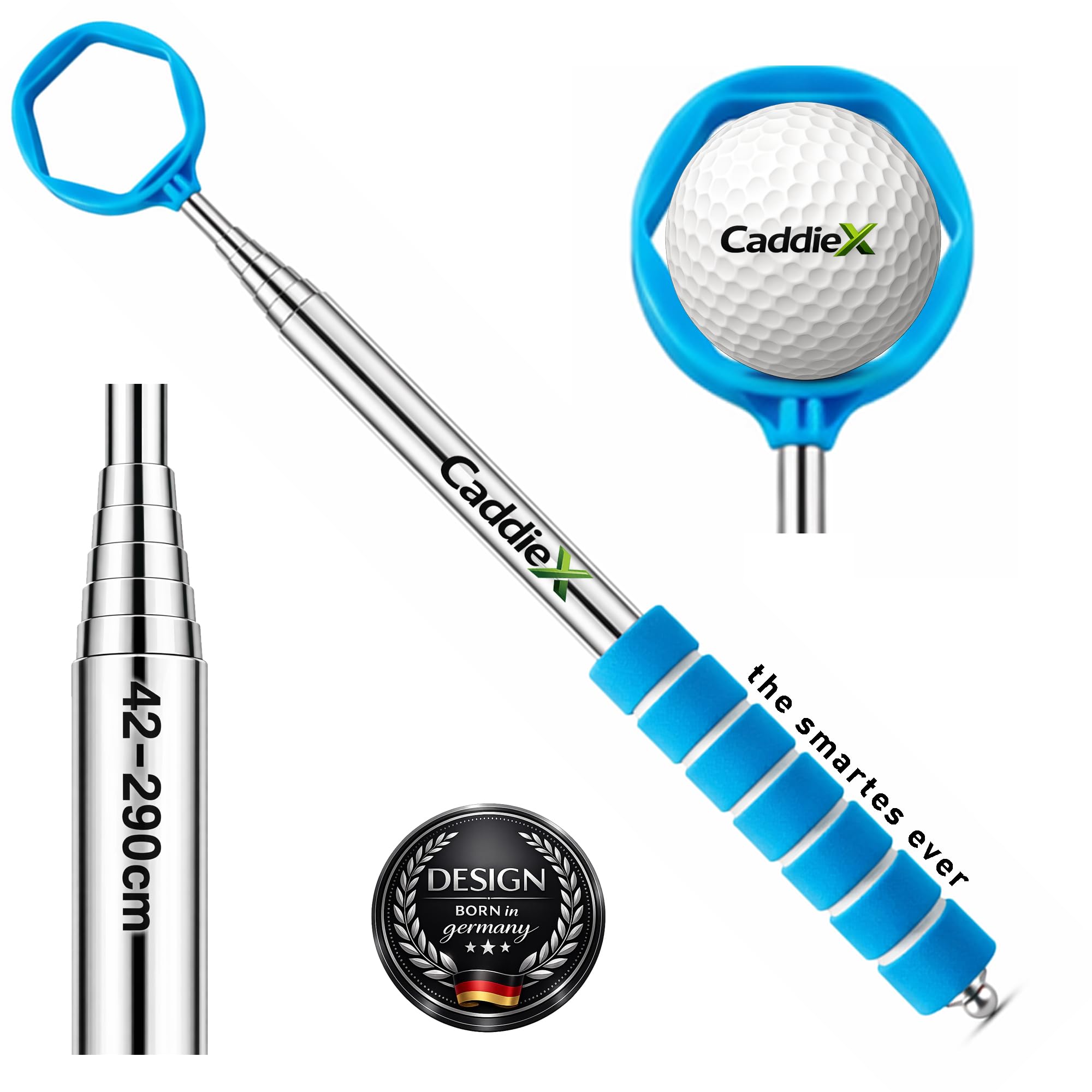 CaddieX Stainless Steel Golf Ball Angel - 9x Telescopic up to 2.90 m - Compact 42 cm - Ergonomic Soft Grip - Secure Hexagonal Grip System - Golf Ball Retriever Golf Ball Fishing in 5 Colours (Blue)