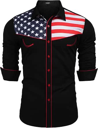 COOFANDY Men's American Flag Button-Down Shirt, Western Cowboy Style, Slim Fit, Long Sleeve