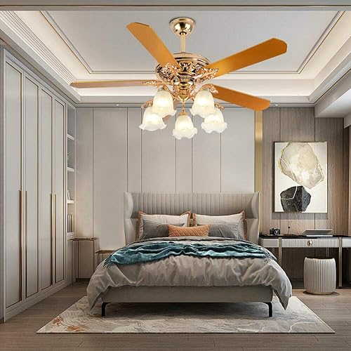 Miniatura 2 de Lámpara de araña de 52 pulgadas, ventilador de techo moderno con luz, 5 aspas reversibles de madera con control remoto, ajustable de tres