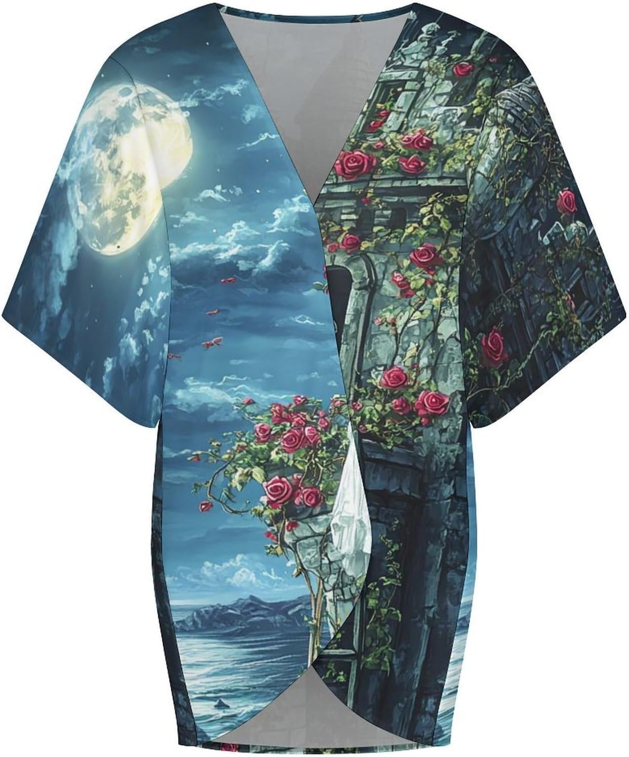 Romantic Gothic Skeleton Lovers Castle Women's Open Front Cardigan Short Sleeves Jacket Lightweight Sweaters Tops