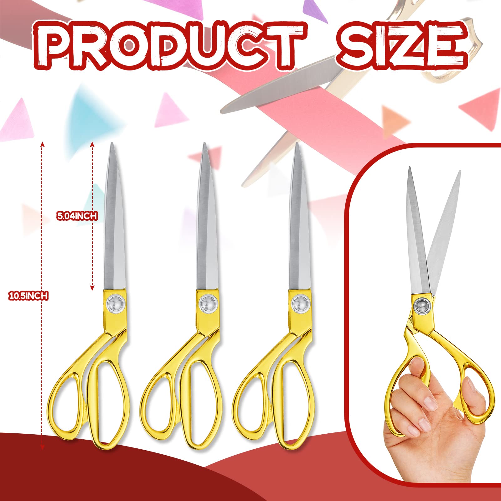Amylove 3 Pcs Ribbon Cutting Scissors Gold Metal Heavy Duty Stainless Steel Fabric Tailor for Ceremony Events Inaugurations Dressmaking Sewing Plastic Cardboard, 10.43 x 2.76 Inch