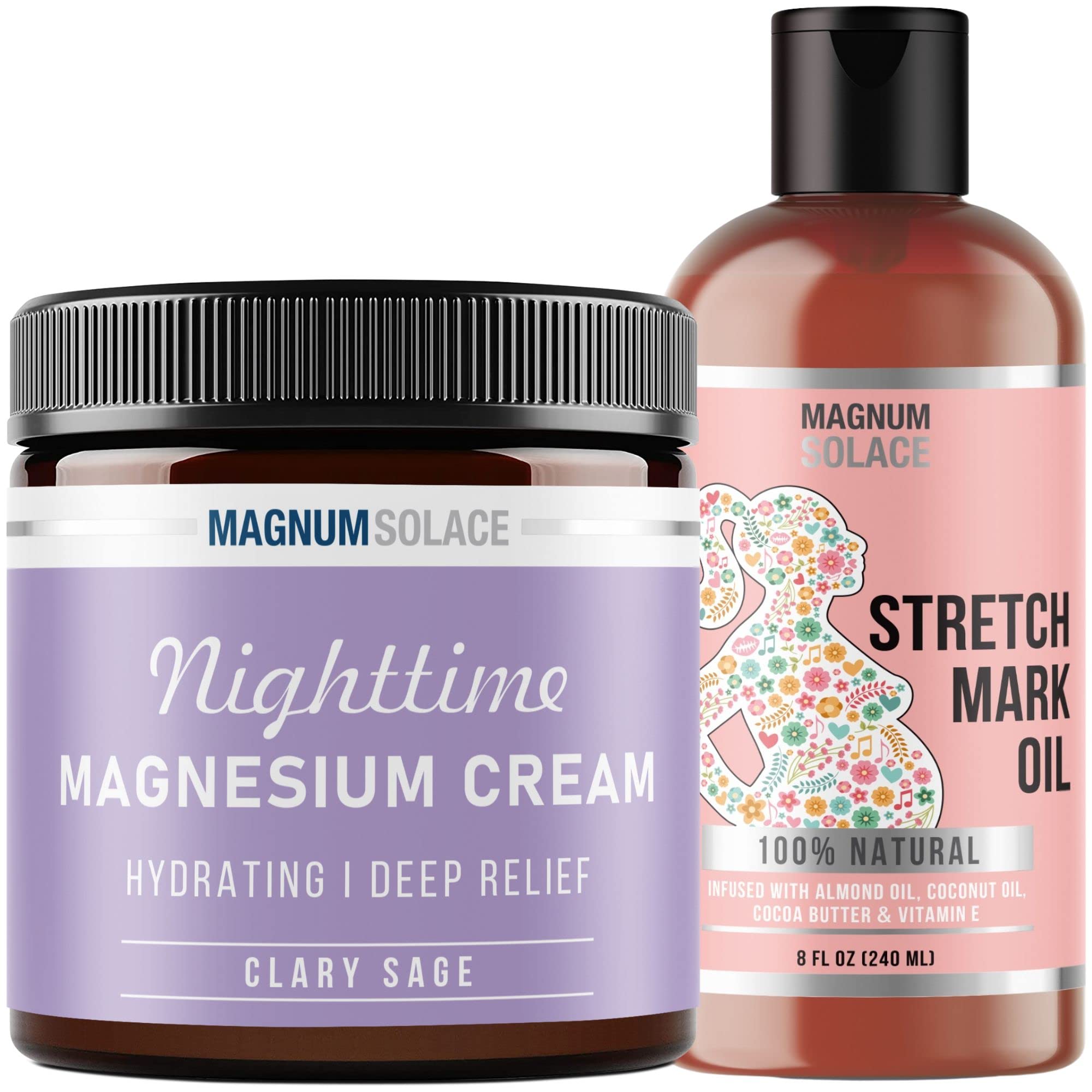Nighttime Magnesium Cream (Clary Sage) and Stretch Mark Oil (Cocoa) - 2 Pack Bundle