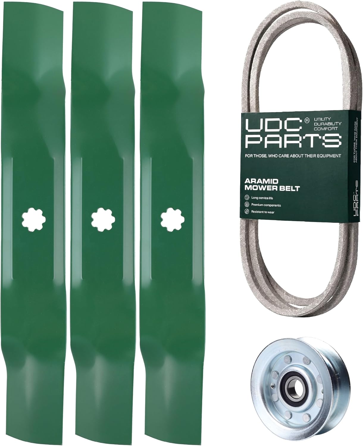 UDC Parts GX21833 / AM137757 + GY22172 Mower Deck Belt/Mulching Blades + Idler Pulley/Fits John Deere Scotts Sabre