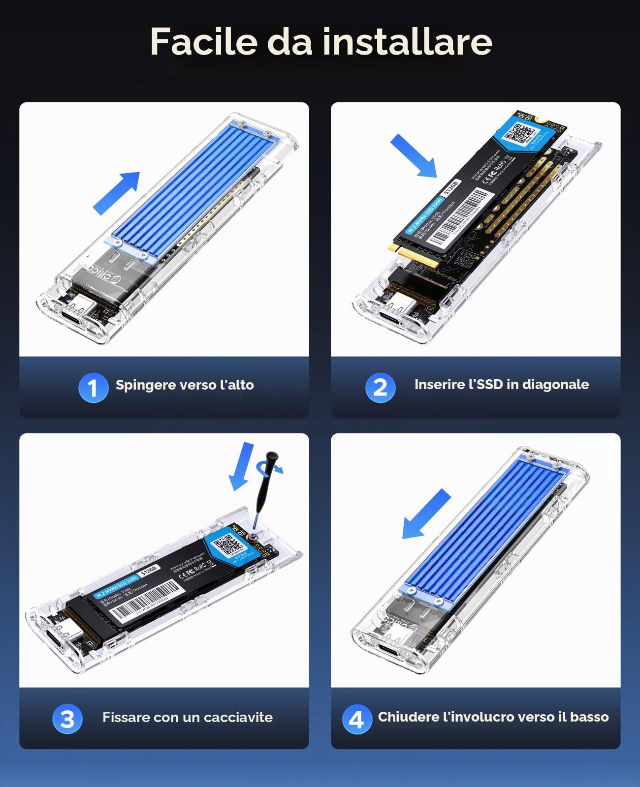 ORICO Case SSD NVMe M.2, USB Adattatore Type-C Enclosure USB3.1 Gen2 10Gbps Trasparente Esterno Disco Rigido per M.2 M-Key/B+M Key 2232/2250/2260/2280 SSD, con Cavi USB C TO A e C TO C (Blu)-TCM2