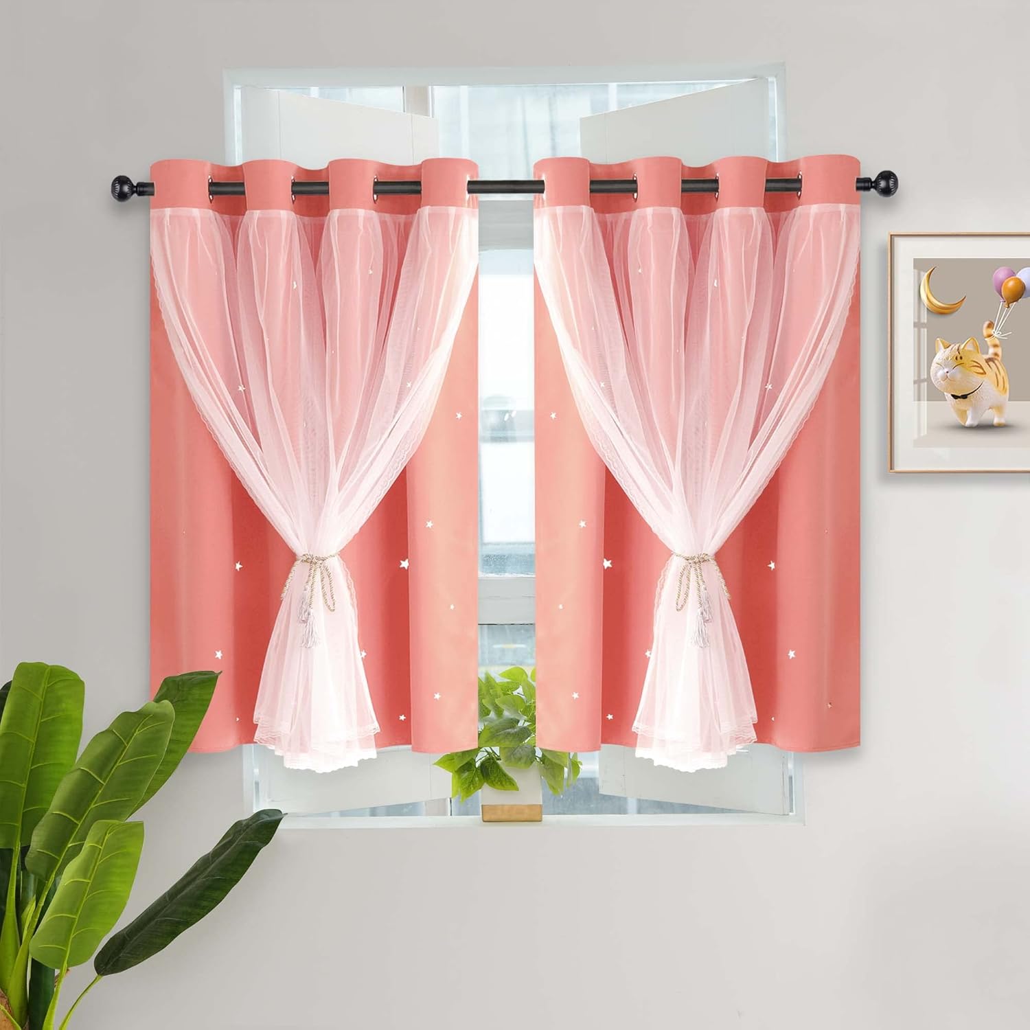 Kinryb Princess Small Curtains for Girls Bedroom with Sheer Overlay,Double Layer Curtain for Living Room with Star Cutout, Curtains for Kids Room (52 W*36 L Inches, 2 Pcs Coral) Coral 52"W x 36"L (Pack of 2)