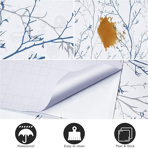 Miniatura 6 de Mecpar Papel tapiz de 17.71 x 118 pulgadas, diseño de ramas de árbol, color gris y azul, papel de contacto de ramas de árbol moderno, papel de
