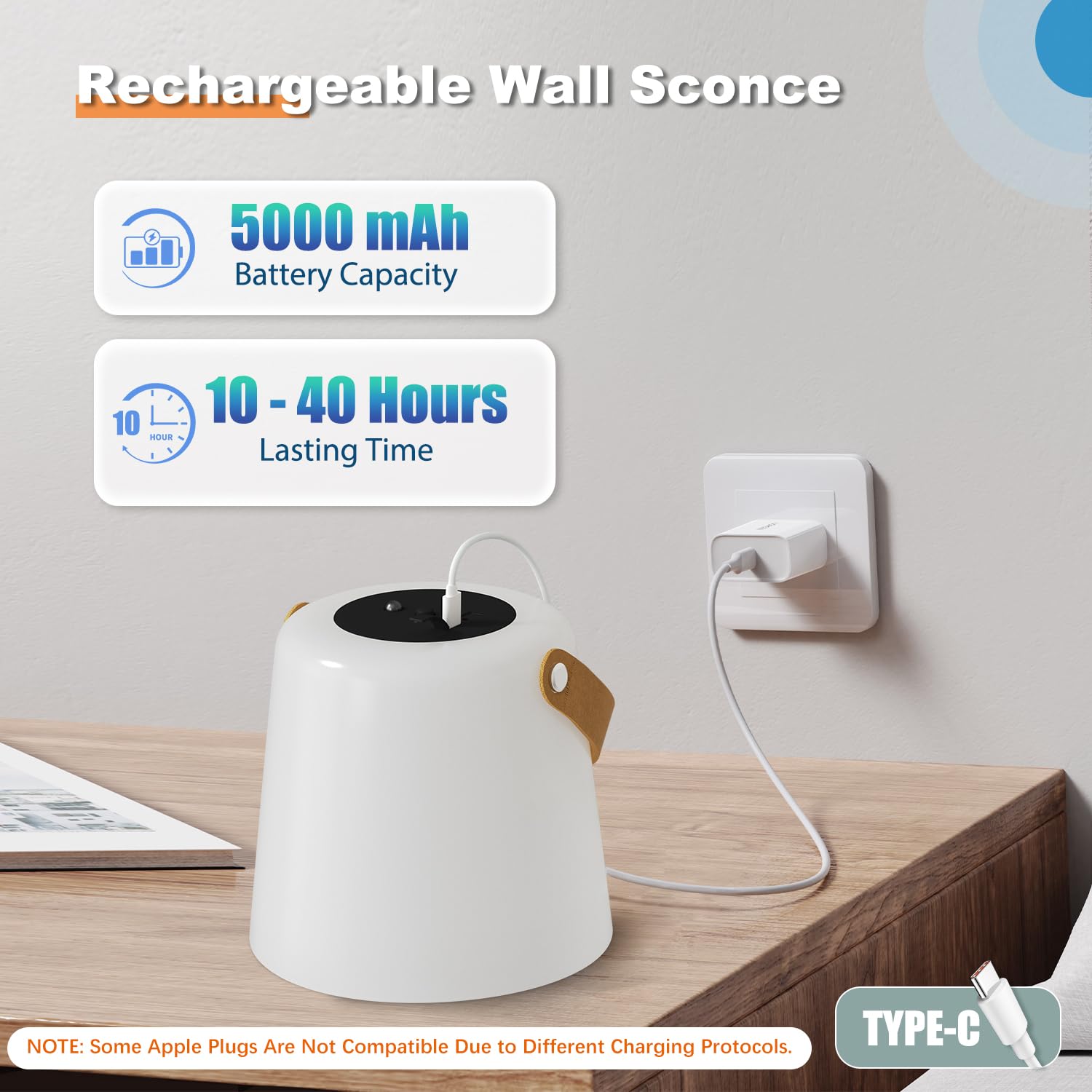 TACAHE Aplique de pared recargable, pantalla de plástico esmerilado, 3 temperaturas de color y 5 brillo, control remoto, funciona con pilas recargables de 5000 mAh, no requiere cableado, juego de 2