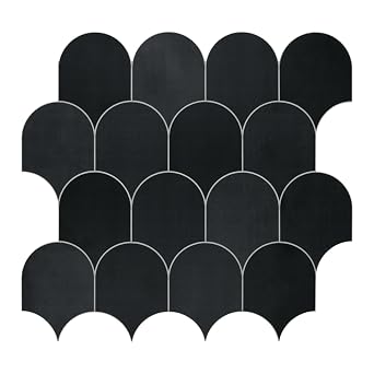 SUNWINGS 10-Sheet Fish Scale Peel and Stick Backsplash Tile, 11.4 x 10.9" Stone Composite Scallop Handmade Looks Self-Adhesive Wall Tiles for Kitchen Bathroom, Black