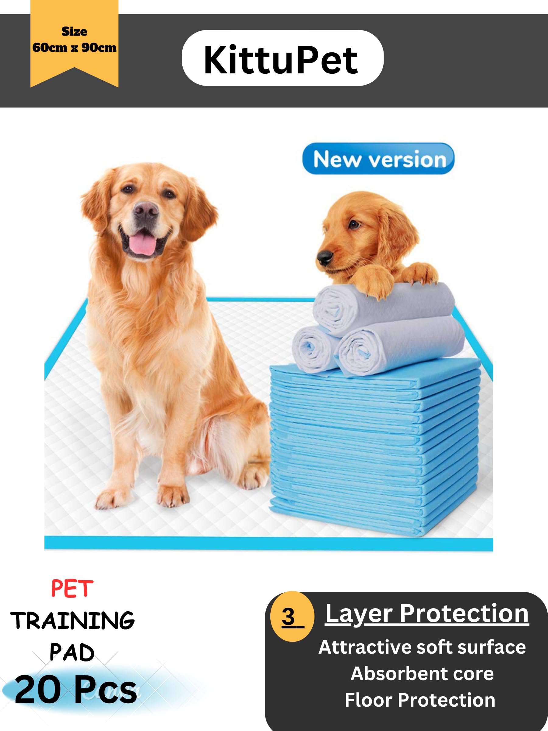 KittuPet Puppy Pee Pads 60xcm 90cm 20 Count | Dog Pee Training Pads Super Absorbent & Leak-Proof | Disposable Pet Piddle and Potty Pads for Puppies | Dogs | Doggie| Cats | Rabbits (B0CFLR5PYM) Amazon Price History, Amazon Price Tracker