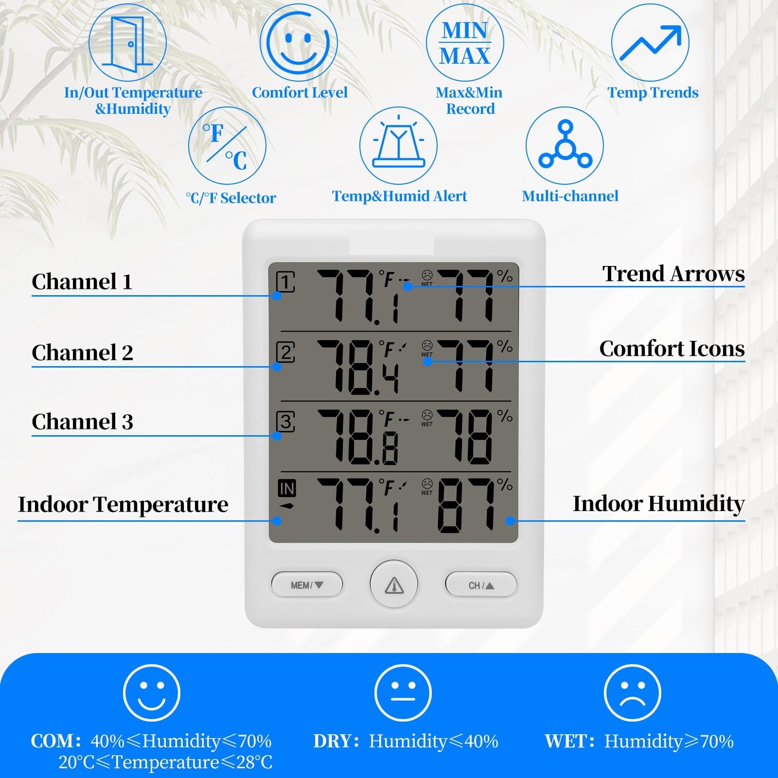 Stazione Meteorologica Wireless per Interni Ed Esterni, Termometro, Igrometro Digitale, Temperatura, umidità, con 3 Canali,White