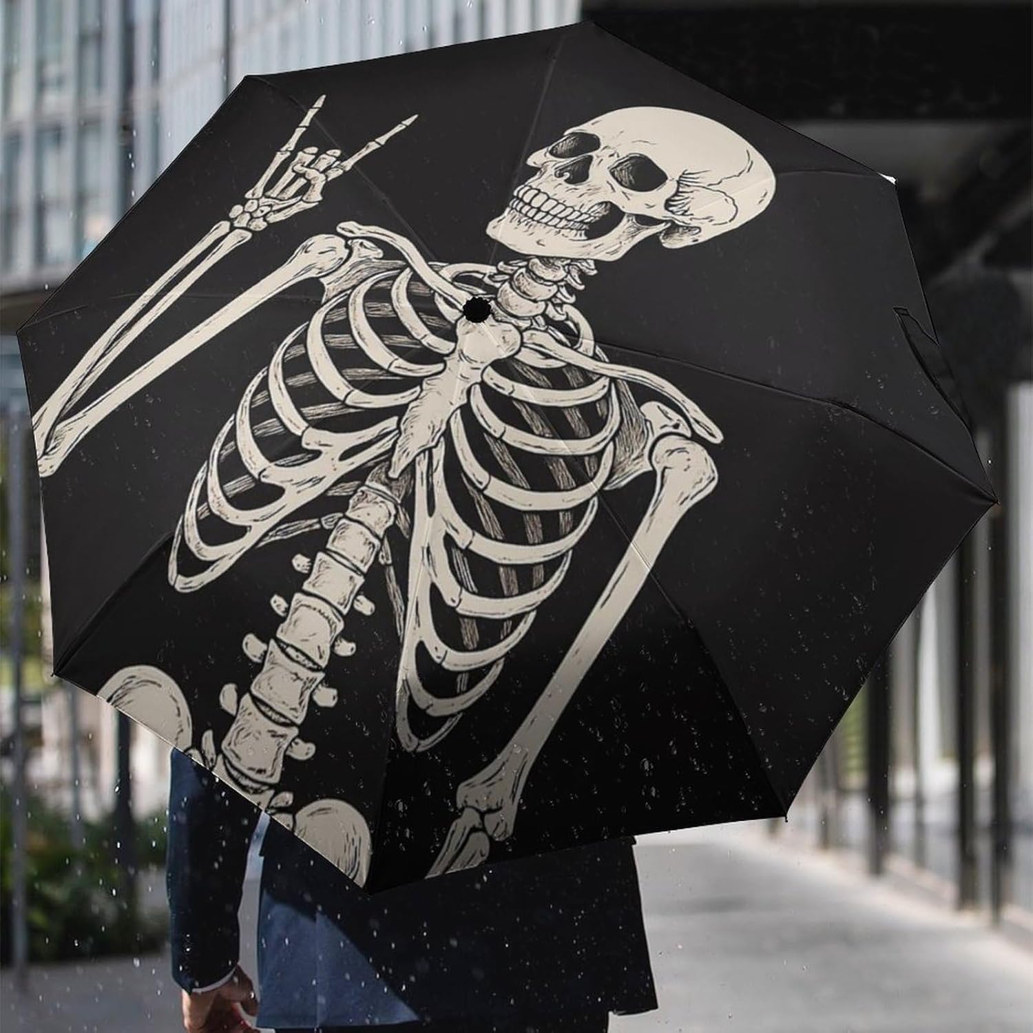 Skull Travel Umbrella Rock And Roll Skeleton Bone Windproof Compact Automatic Open/Close Folding Rain Umbrellas Sugar Candy Skull Day of Dead Collapsible Auto Portable Umbrella for Women Girls Kids