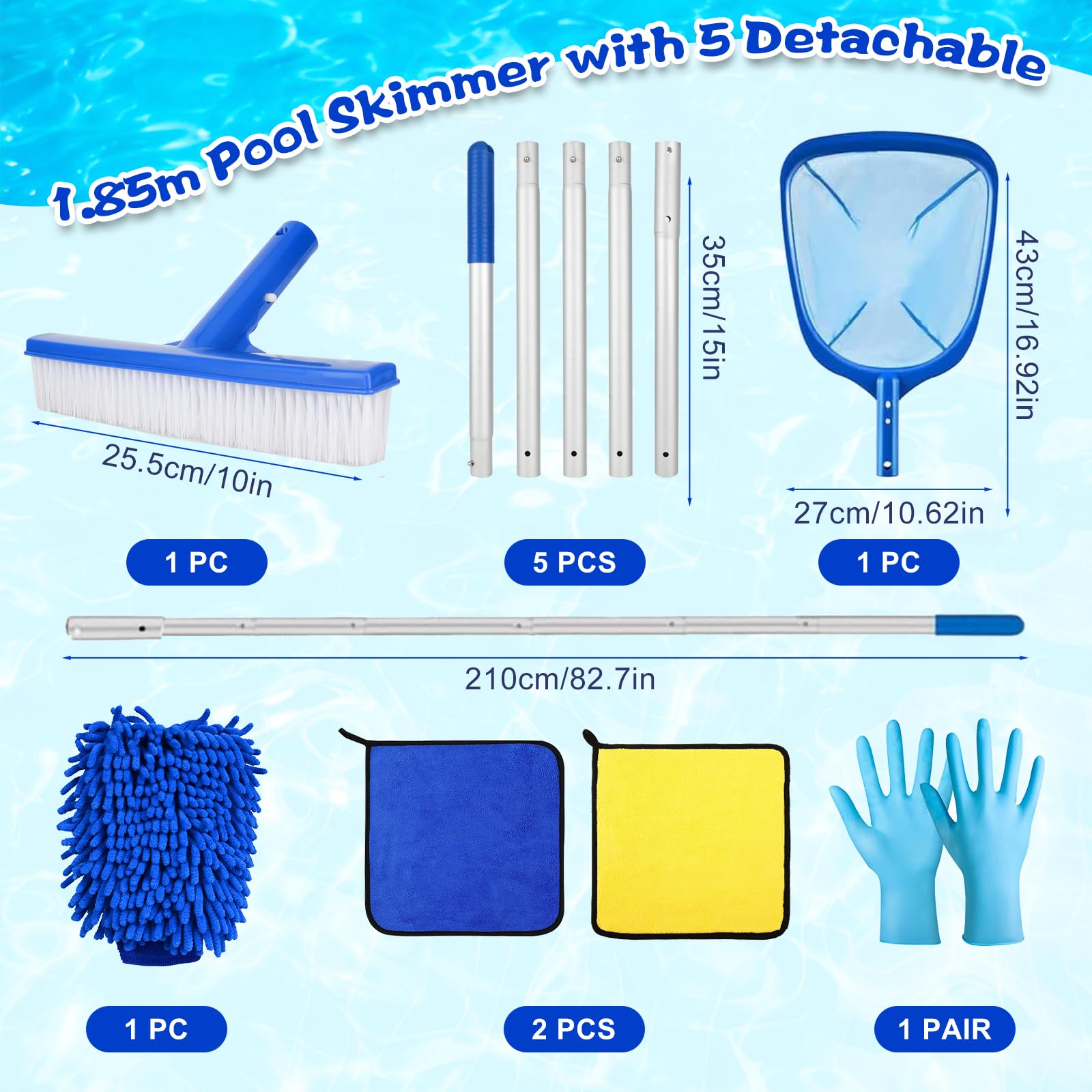 Epuisette Piscine avec Manche Telescopique 2,1 M, Écumoire de Piscine à Mailles Fines avec Brosse, Écumoire à Tamis à Mailles Fines, Kit d'écumoire de Piscine avec Chiffons de Nettoyage pour Piscines