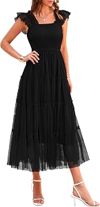 PRETTYGARDEN Women's Summer Midi Tulle Dress Sleeveless Smocked Square Neck Ruffle Flowy Party Wedding Guest Sundress