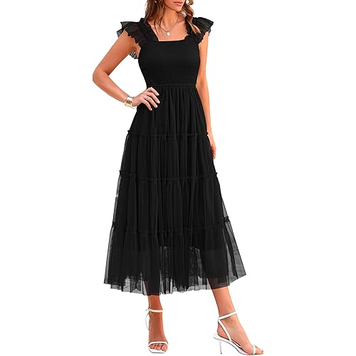 PRETTYGARDEN Women's Summer Tulle Midi Dress Sleeveless Smocked Ruffle Flowy Mesh Dresses Party Wedding Guest Sundress
