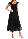 Women's Summer Tulle Midi Dress Sleeveless Smocked Ruffle Mesh Flowy Dresses Party Wedding Guest Sundress