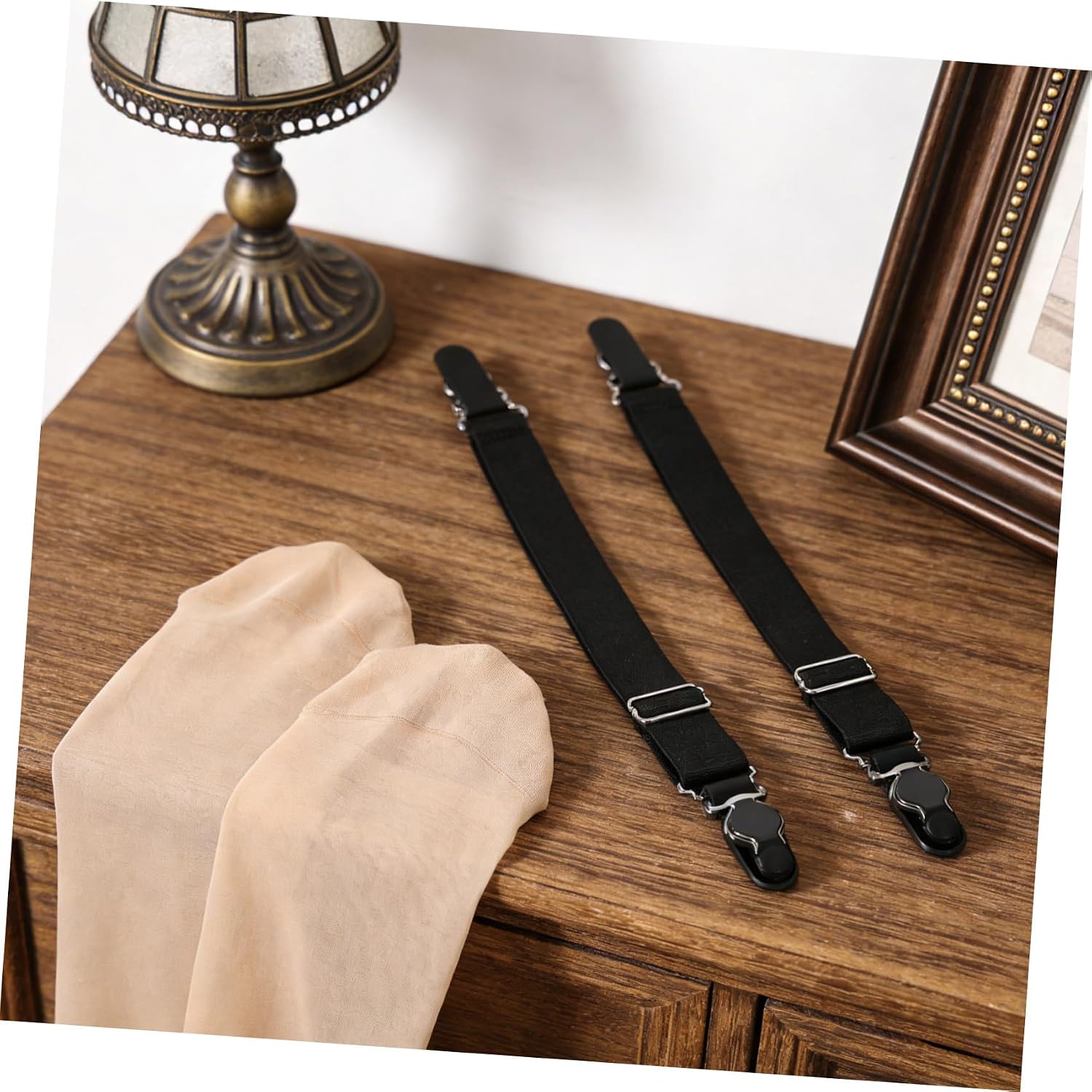 TOYANDONA 2 Pairs Adjustable Women Straps with Metal Clips, Elastic Chinlon Suspender Leg Belts for Secure Socks Support, Classic Black Style for Formal or Movement Use
