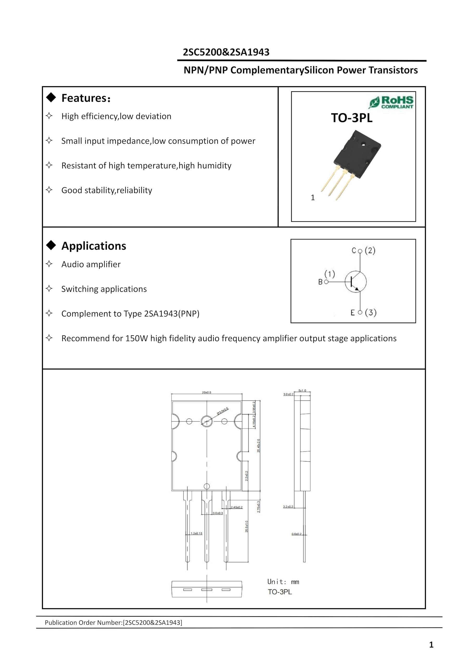 1 coppia 2SA1943 (A1943 KSA1943) + 2SC5200 (SC5200 KSC5200) NPN PNP Transistor di potenza al silicio TO-3PL 230V 15A 150W hFE:80-160