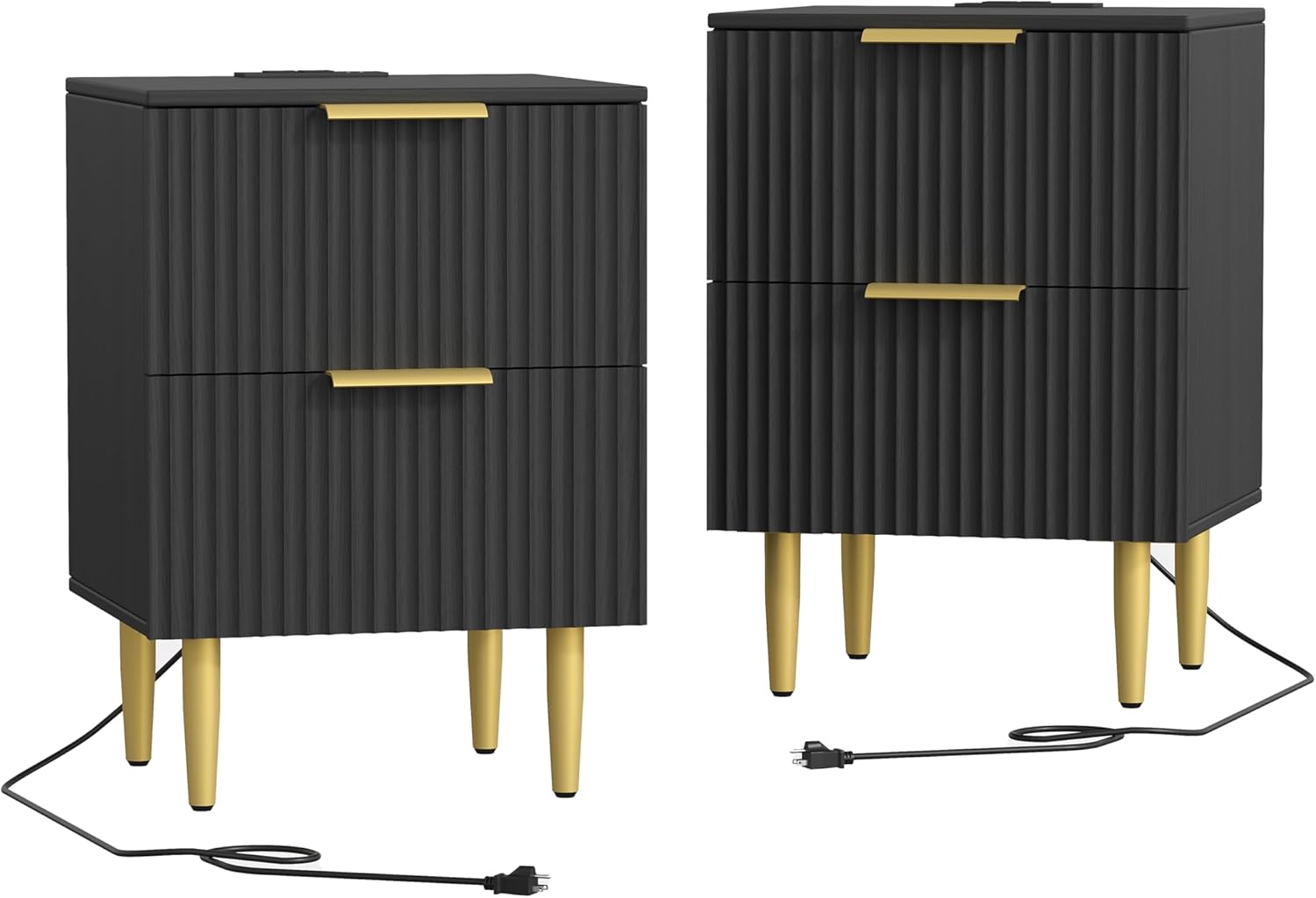 Black Nightstand Set of 2, Fluted Night Stand with Charging Station, 13.8" D x 15" W x 23.2" H, 2 Drawers Modern Bedside Table with USB Ports and Outlets, Golden Side Table for Bedroom