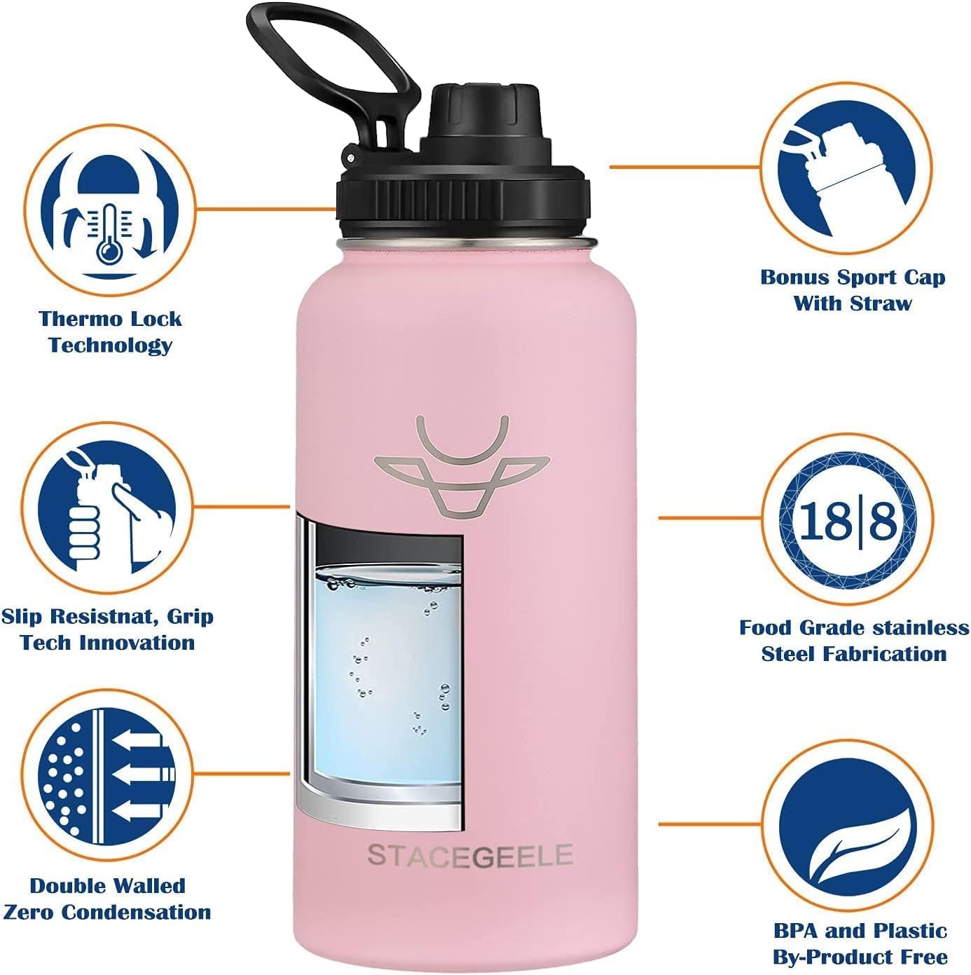 STACEGEELE Insulated Vacuum Water Bottle with Spout Lid & Screw on Top | Stainless Steel Flask for Kids Leak Proof Lightweight Eco Friendly 18oz / 24oz / 32 oz / 40oz(32oz Pink)