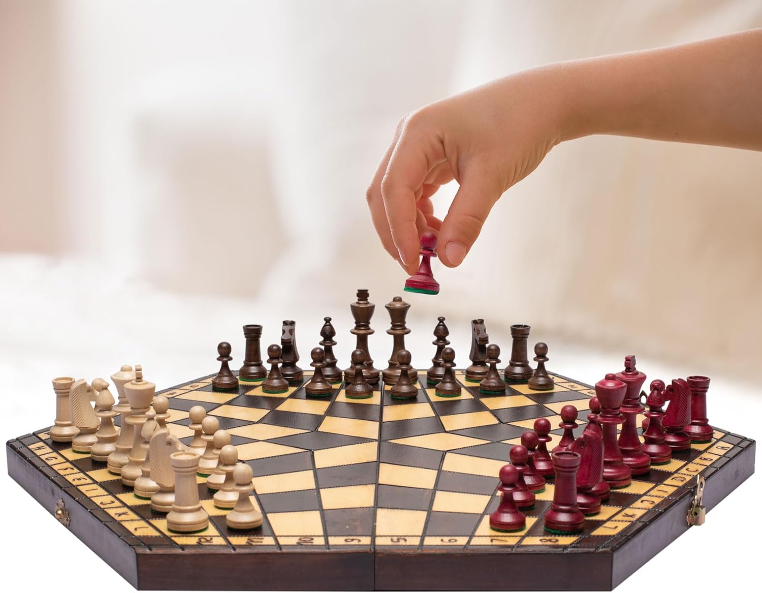 Husaria Wooden Three-Player Chess Game Set - 21 Inches - with Foldable Board, Handcrafted Playing Pieces, and Felt-Lined Storage