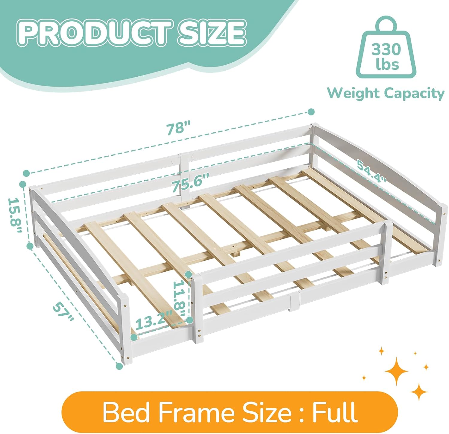 Product dimensions diagram for a Full size bed frame, showing length 78 inches, width 57 inches, height 15.8 inches, and weight capacity 330 lbs.